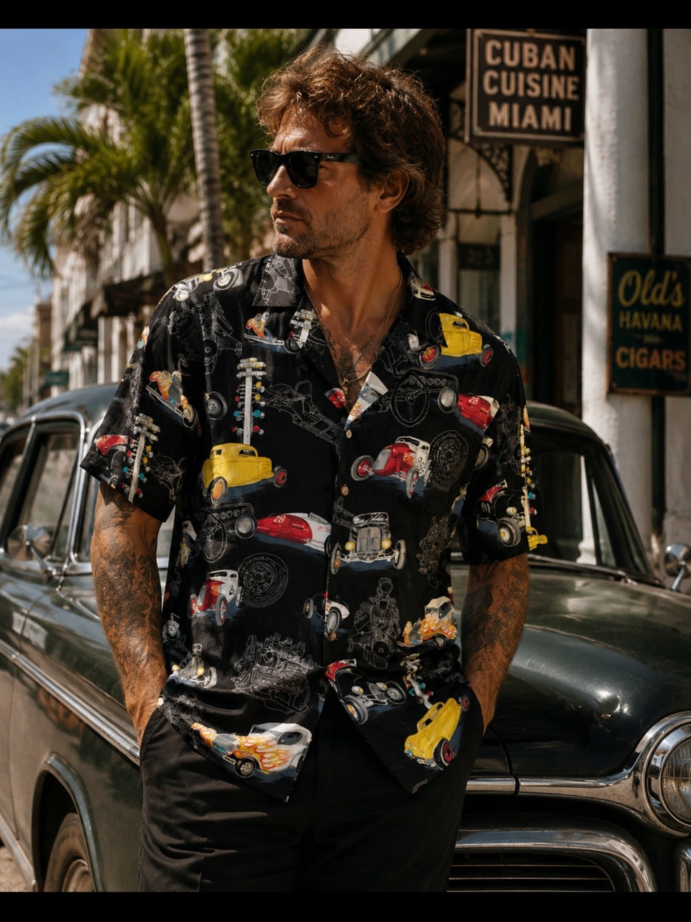 Men's Black Vintage Car Print Short Sleeve Button-Down Shirt by